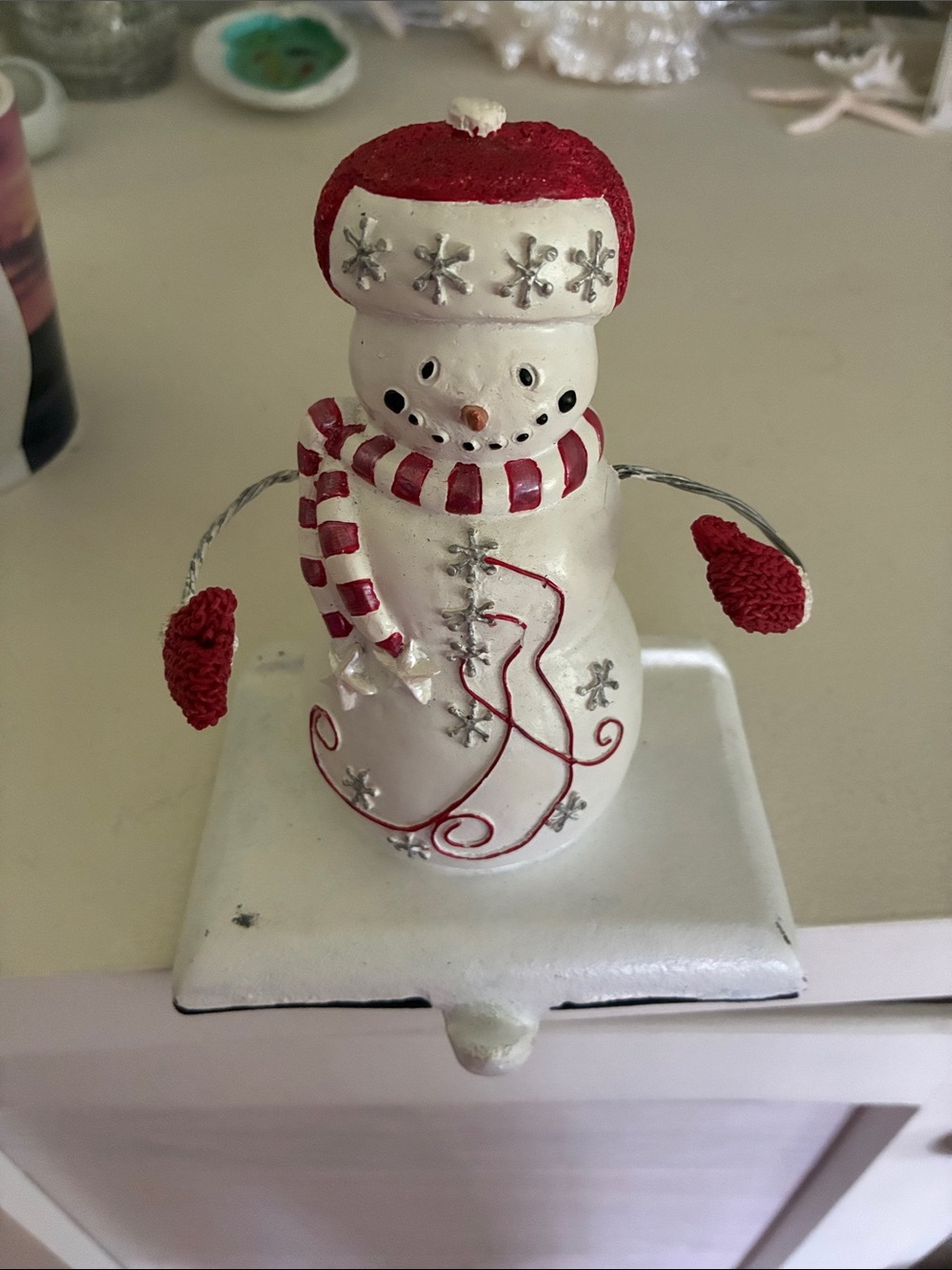 Cast Metal stocking holder, heavy weight vintage look Snowman with poseable arm